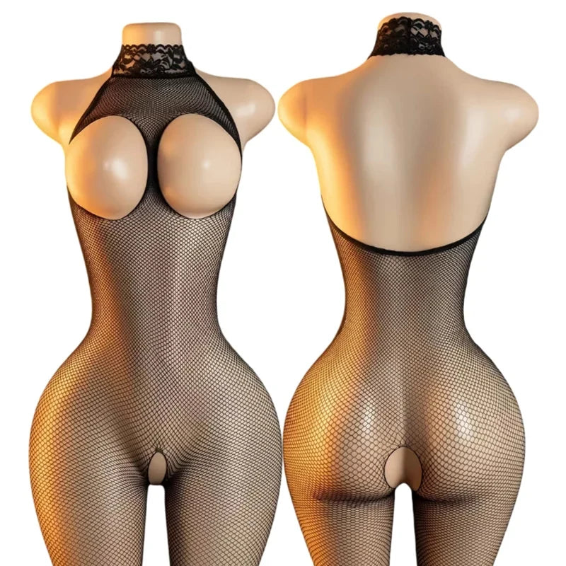 Transparent Fishnet Hollow Lingerie Set Women Hanging Neck Erotic Crotchless Bodystockings Open Bras BodySuits Hot Underwear Set