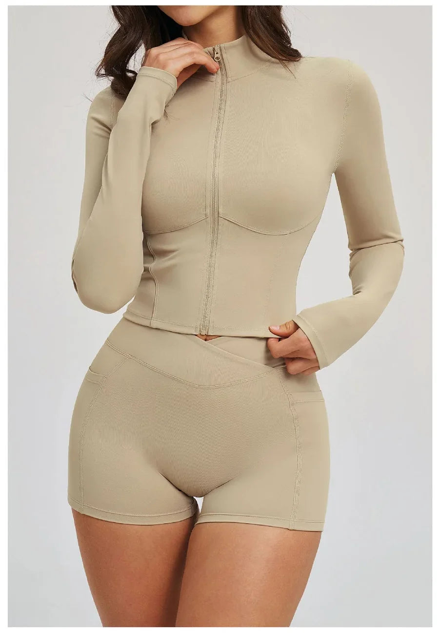Yoga Suit Women Tracksuit Long-sleeved Jacket Shorts Suit Outfit Gym 2PCS Set Fitness Running Workout Clothes Push Up Sportswear