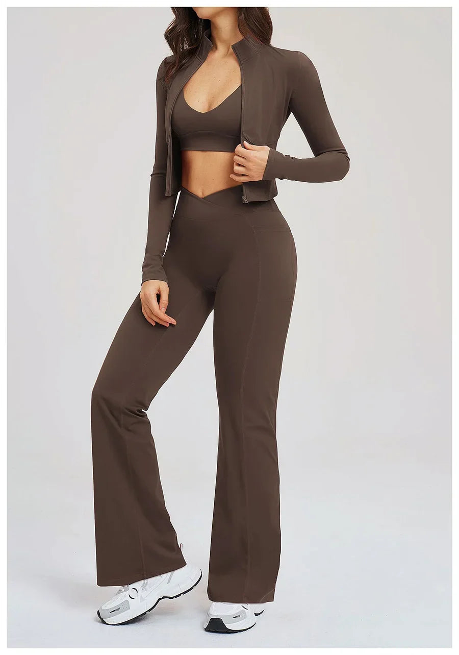 2PCS Yoga Set Gym Clothes Sportswear Seamless Women Fitness Long Sleeved Tracksuits Sports Workout Gym Flared Leggings Athletic