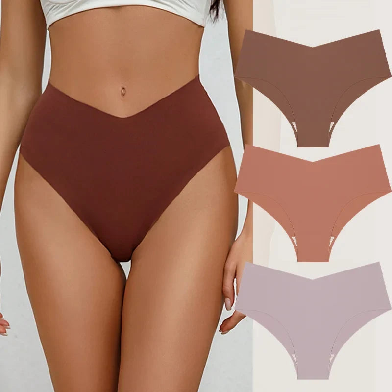 3PCS Women's Seamless Maillard Underwear Sexy V-Shaped Mid Waist Ice Silk Briefs 10 Soild Color Cozy Stretch Sexy Underpant S-XL
