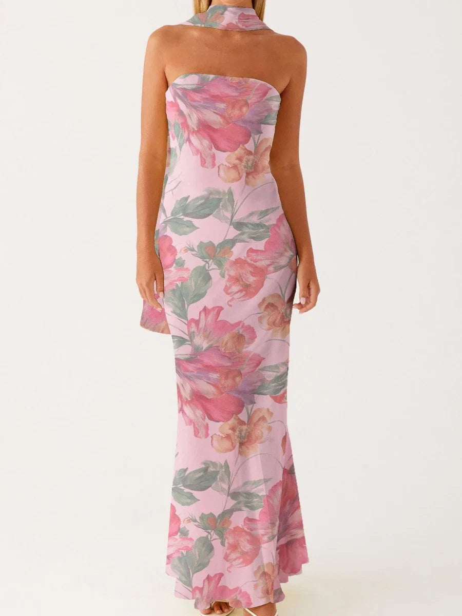 Women Long Bodycon Dress With Scarf Tube Maxi Dress Sexy Summer Strapless Dresses Off Shoulder Sundress Evening Vestidos