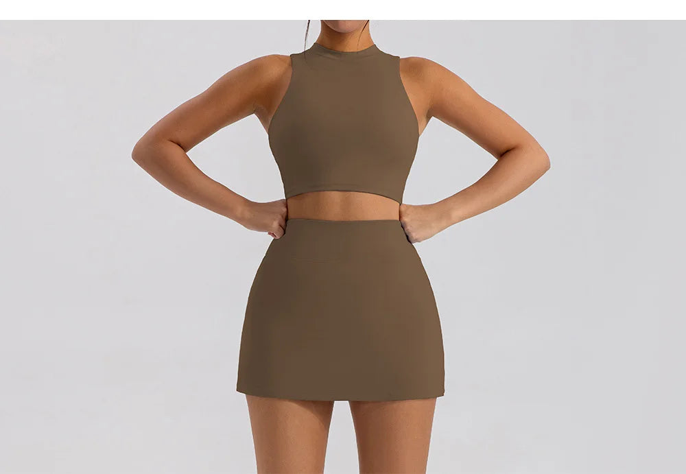 Sports Short Skirt Yoga Set 2PCS Women Tracksuit Gym Tennis Skirt Set Workout Sportswear Golf Dance Athletic Sport Suit