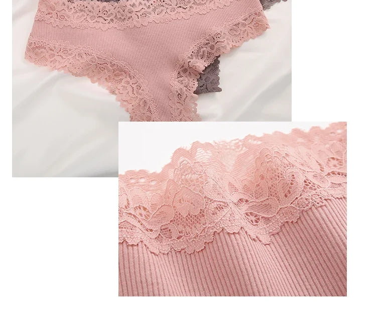 3Pcs Sexy Women Cotton Brazilian Pants Lace Brazilian Briefs Low Waist Floral Solid Color G-string Breathable Soft Lingerie