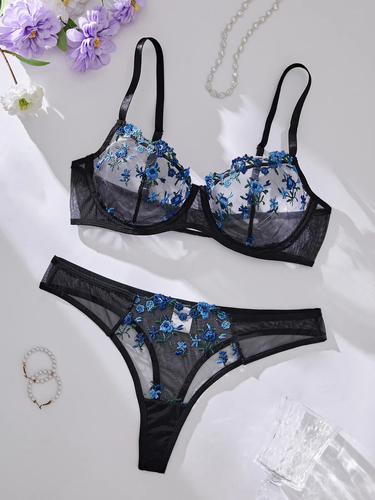 Embroidery Sexy Lingerie Set Hot Semi-Sheer Floral Bra And Panties Sets Fancy Lovely Underwear Set for Sleeping