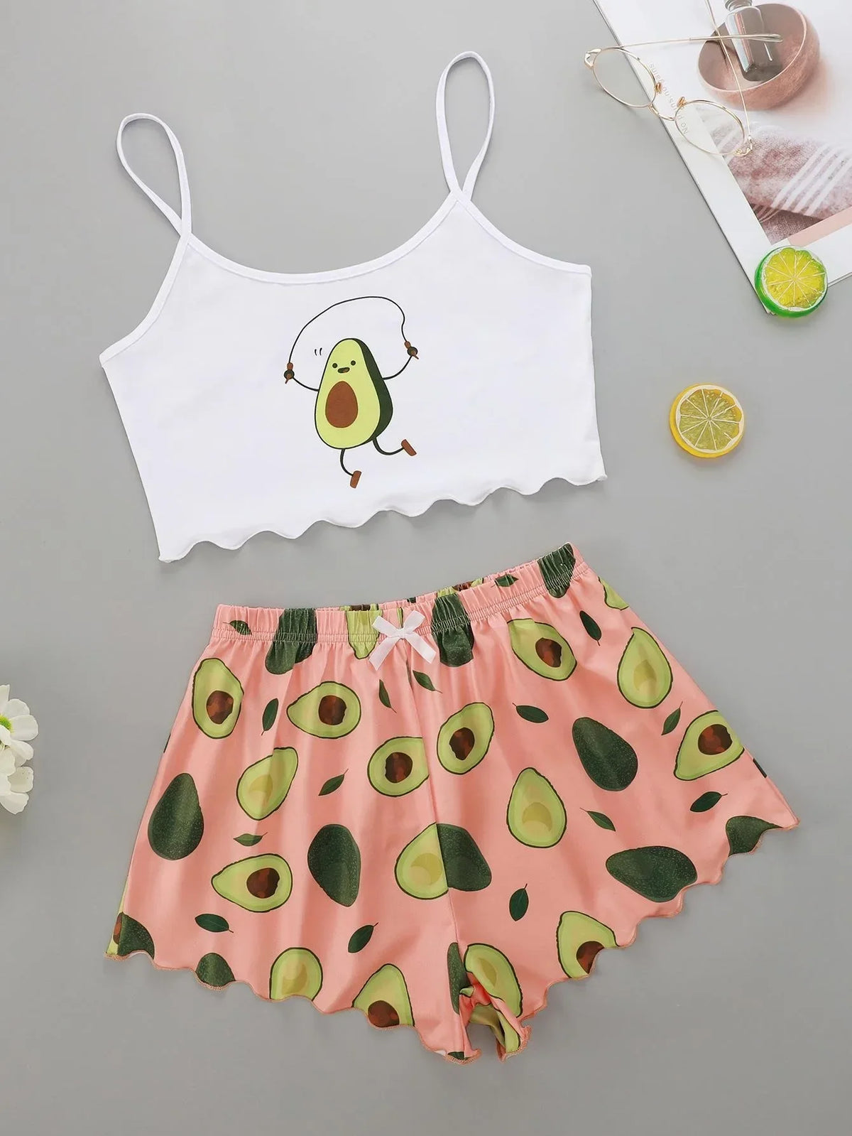 Avocado Print Camisole with Shorts Set Sleepwear Women Summer Pajamas Casual Sexy Lingerie Nightie Homewear Underwear
