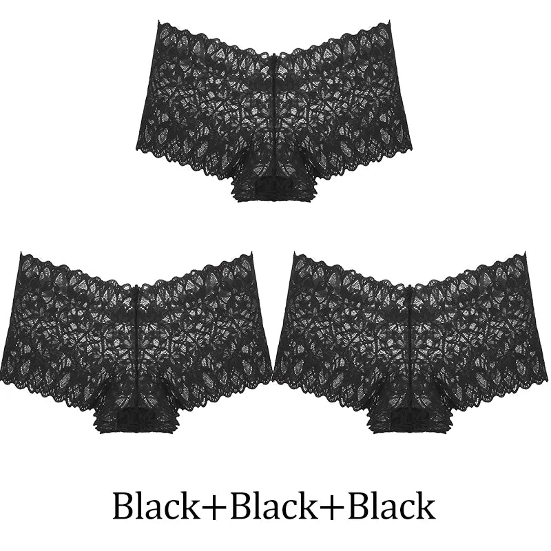 3Pcs Women Lace Boyshort Panties Low-Rise Sexy Underwear Trendy Floral Underpants Female Sexy Boyshort Panties Ladies Lingerie
