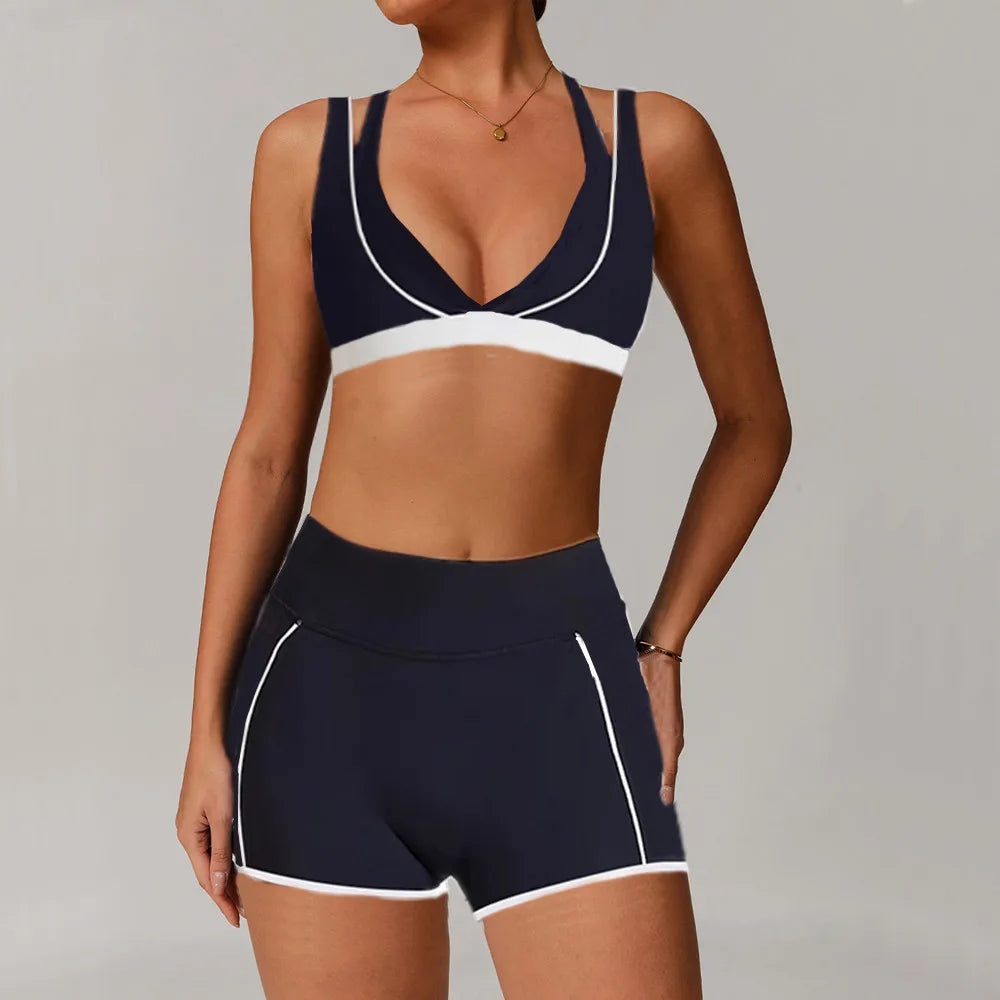 Pad 2PCS Yoga Set Sports Bras V-Neck Halter Pocket Fitness Workout Running Leggings Gym Woman Active Wear Clothing XP26