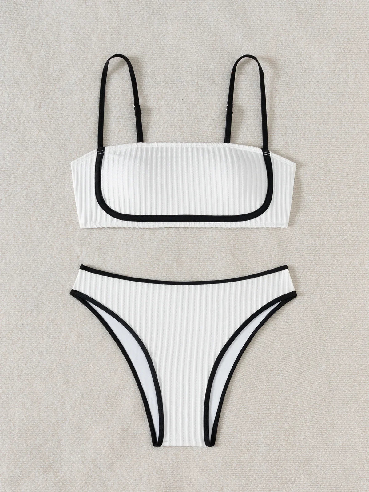 2025 Rib Piping Bandeau High-Rise Bottoms Bikini Set Trendy Beachwear Straight Neckline High Rise Swimwear Swimsuit Bathing Suit