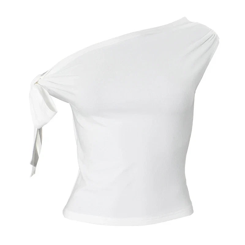 2025 Women'S Summer Ins Style New Shrink Pleated One-Shoulder Crop Top Backless Twist Tie Asymmetric T-Shirt Casual Top