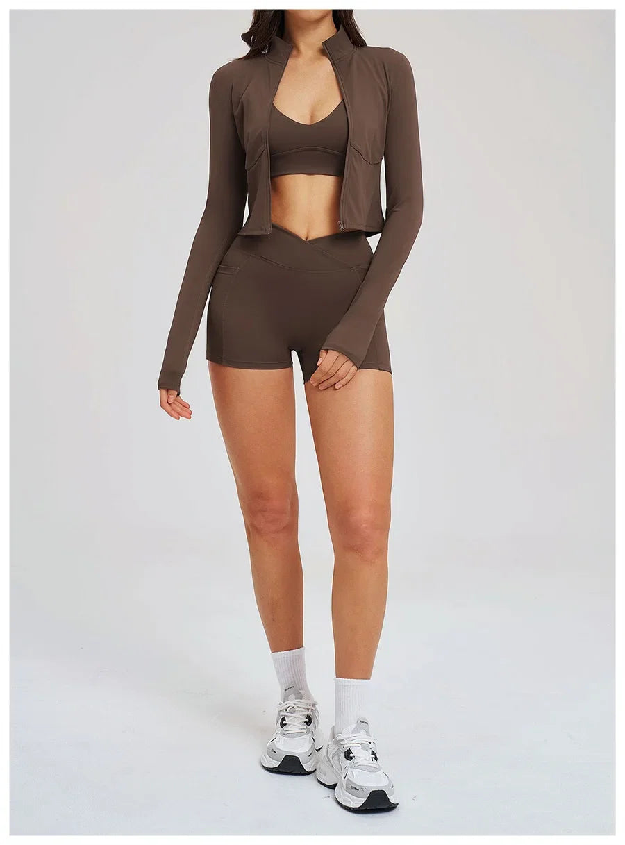 New 3 Pieces Yoga Set Women Workout Sportswear Gym Clothing Fitness Long Sleeve Crop Top Shorts Leggings Female Sport Bra Suits