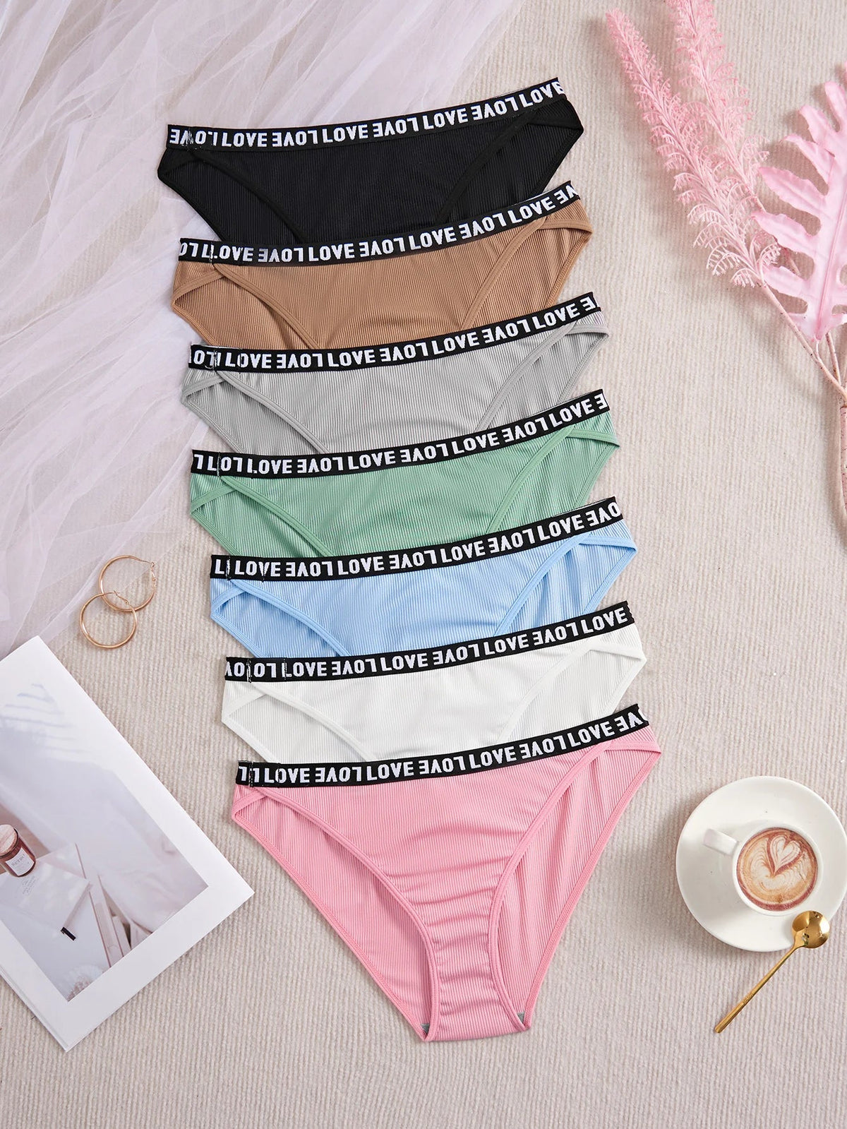 7-Pack Solid Color Everyday Sexy Ribbed Fabric Letter-Decorated Soft Women's Panties, Comfortable Elastic Briefs for Women, Sizes Xs-Xl