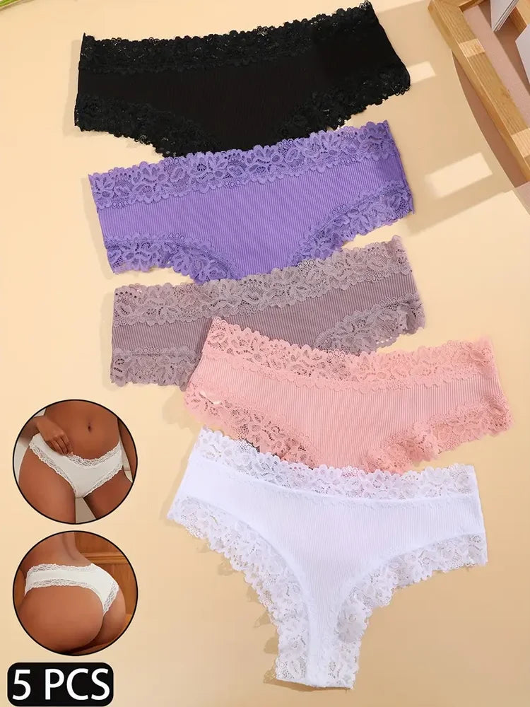 3Pcs Sexy Women Cotton Brazilian Pants Lace Brazilian Briefs Low Waist Floral Solid Color G-string Breathable Soft Lingerie