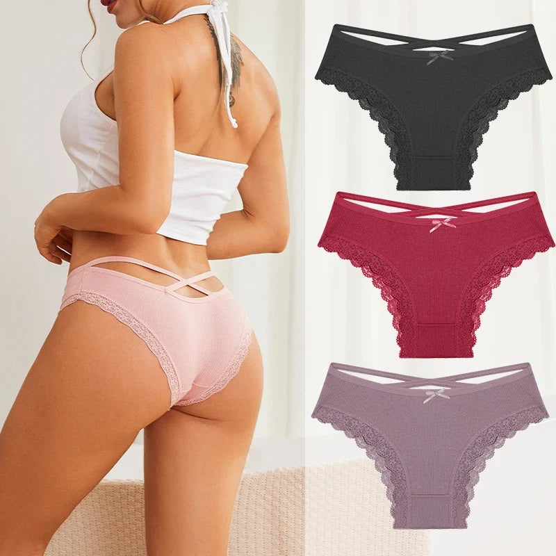 3PCS/Set Women Cotton Panties Low Waist Sexy Lace Brazilian Briefs Female Cross Webbing Underpants Soft Breathable Lingerie S-XL