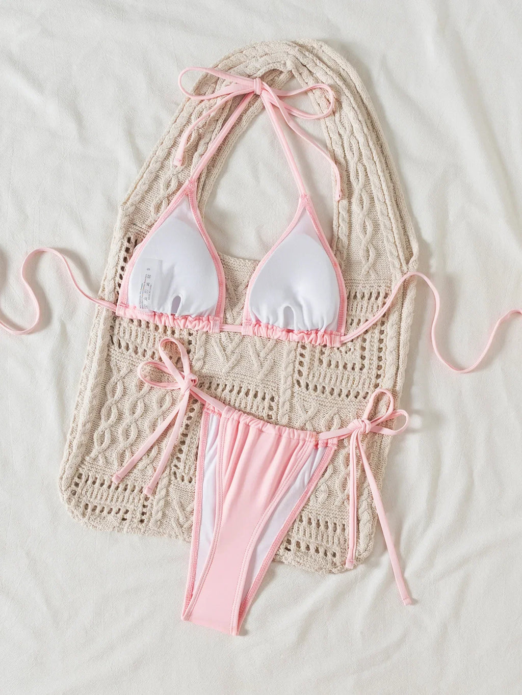 Sexy Pink 3D Floral Bikini Set 2025 Women Halter Push Up Bra Lace Up Swimsuit Beach Bathing Suit Tie Side Thong Swimwear Biquini