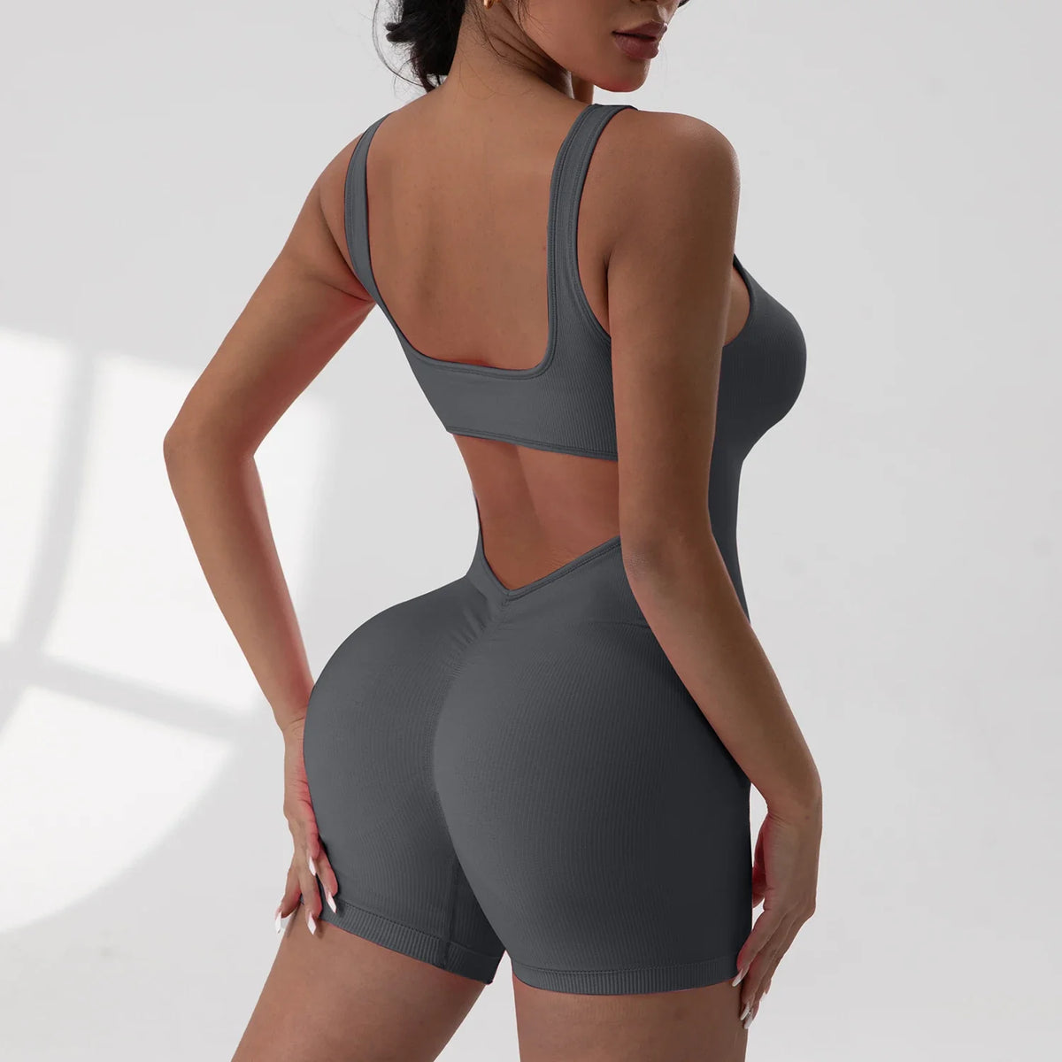 Women's Solid Colour Threaded Backless Yoga Suit U Neck Sleeveless Sports Jumpsuit Stretch Women Bodysuit Without Bust Pads