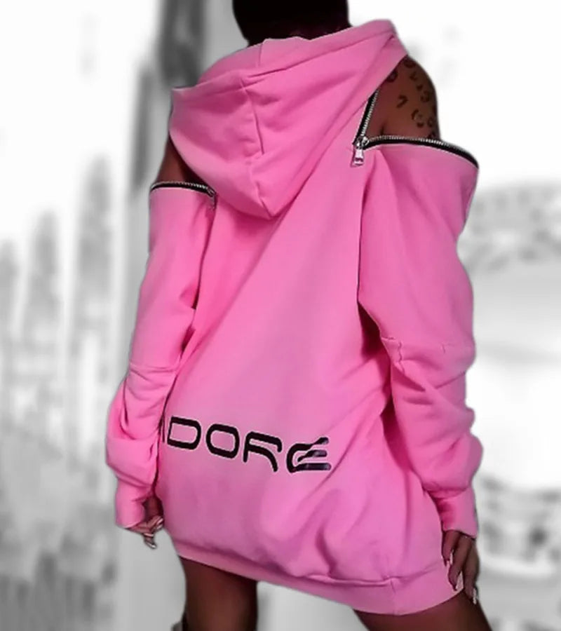 Women's Pink Hoodie Coat Y2K Stylish Off-The-Shoulder Print Hollow Long Sleeves Streetwear Women's Clothing 89431