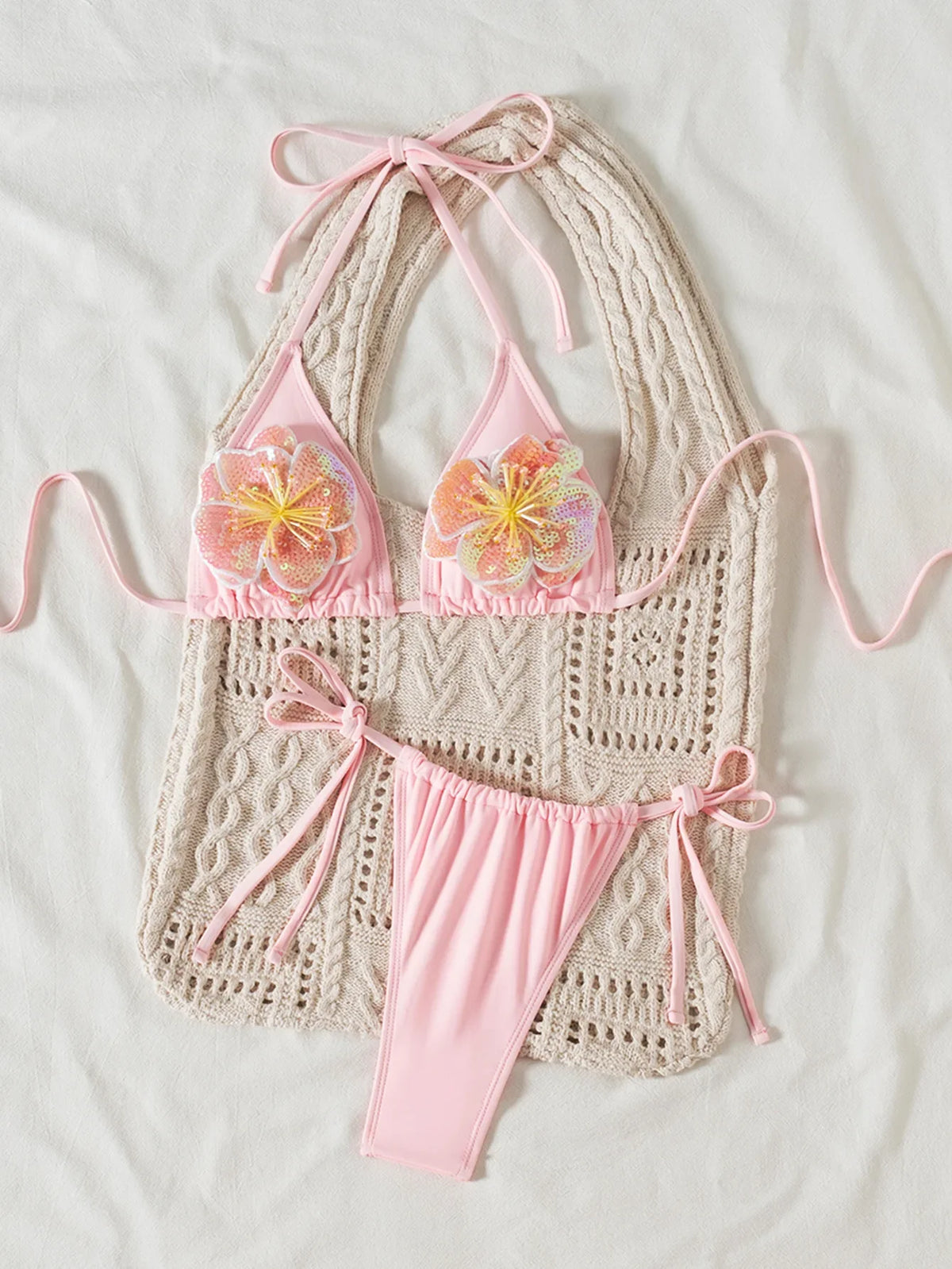Sexy Pink 3D Floral Bikini Set 2025 Women Halter Push Up Bra Lace Up Swimsuit Beach Bathing Suit Tie Side Thong Swimwear Biquini