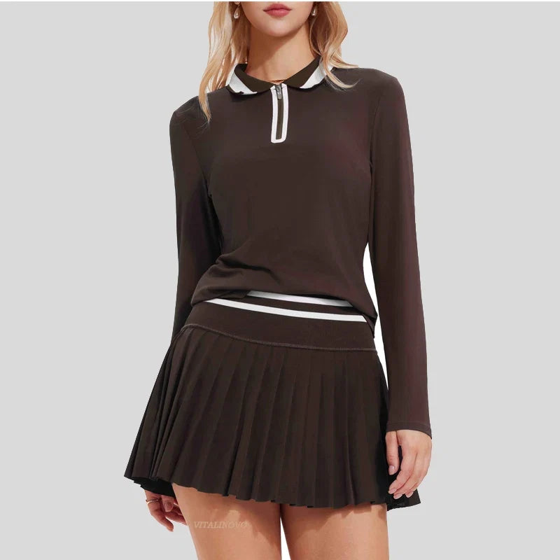 VITALINOVO Tennis Skirt Sets for Women Zipper Color Block Shirts High Waisted Golf Polo Two Piece Skirt Set Women 2 Piece Outfit