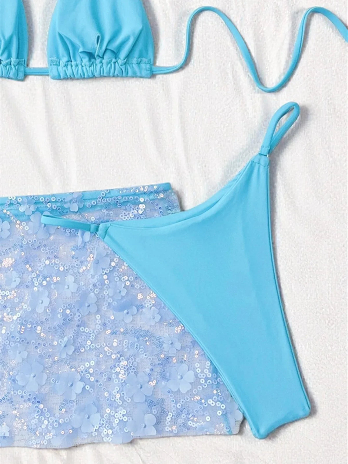 Shiny Sequin Pink Mesh Skirt 3 Piece Bikini Set Women Push Up Bra Thong Swimsuit Brazilian Beach Bathing Suit Holiday Swimwear