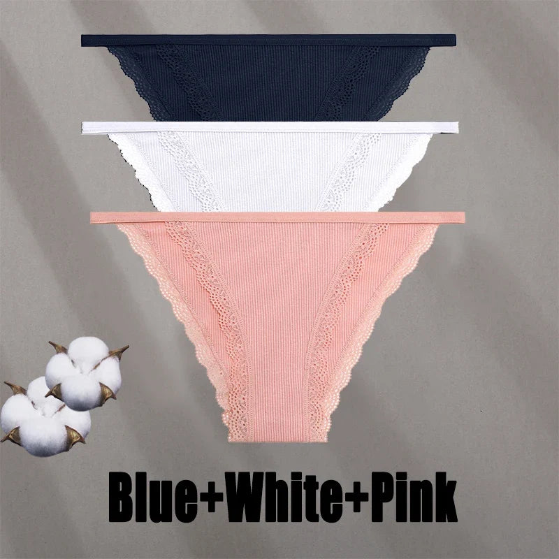 3PCS Women‘s Cotton Lace Panties Low Waist Briefs Comfortable Underwear Ladies Solid Color Underpants Girls Breathable Panty New