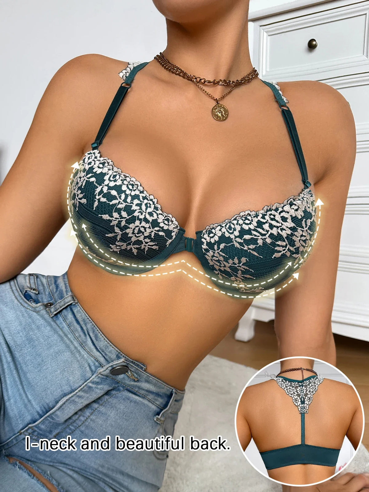 B C Cup Women's Sexy Bras Luxurious Lace Floral Front Clasp Push-Up Bra Beautiful Back Bras Women