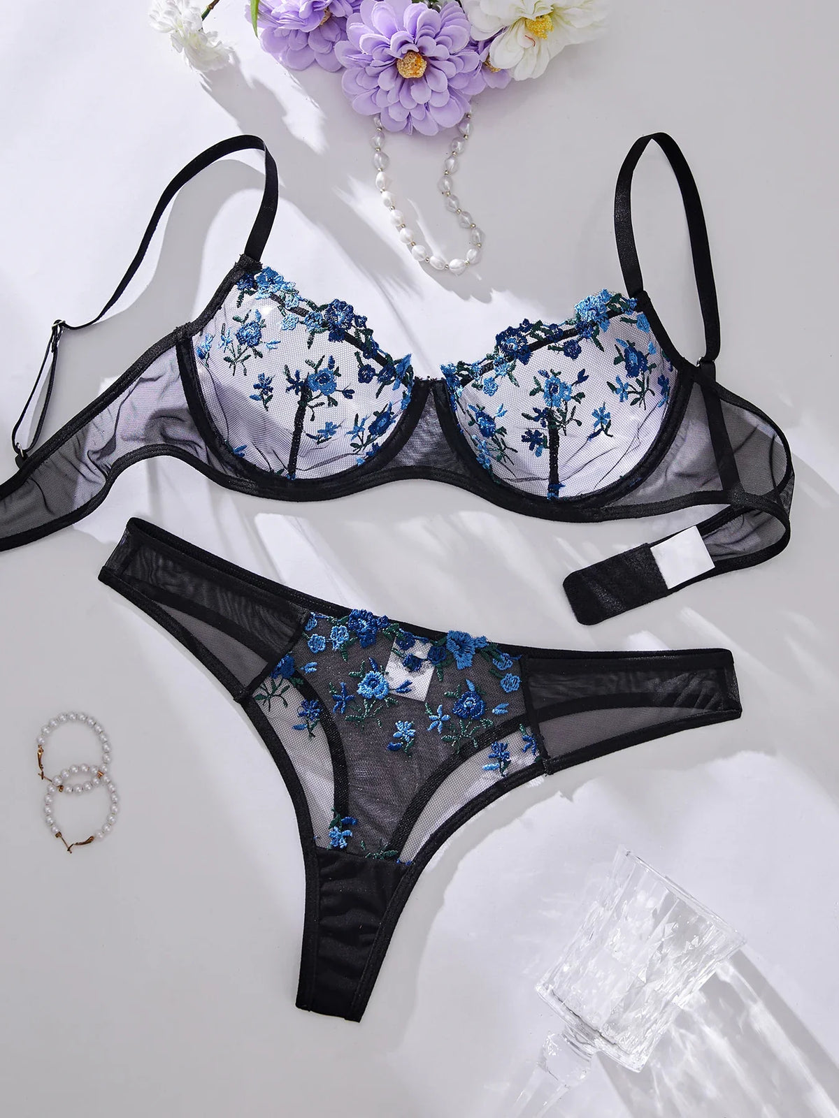 Embroidery Sexy Lingerie Set Hot Semi-Sheer Floral Bra And Panties Sets Fancy Lovely Underwear Set for Sleeping