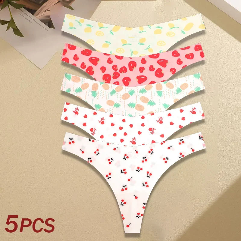 5Pcs Women Ultra-thin Seamless G-string Seamless Print Thongs Sexy Panties Ladies Soft Cute Thongs Female S-XL T-Back Panties