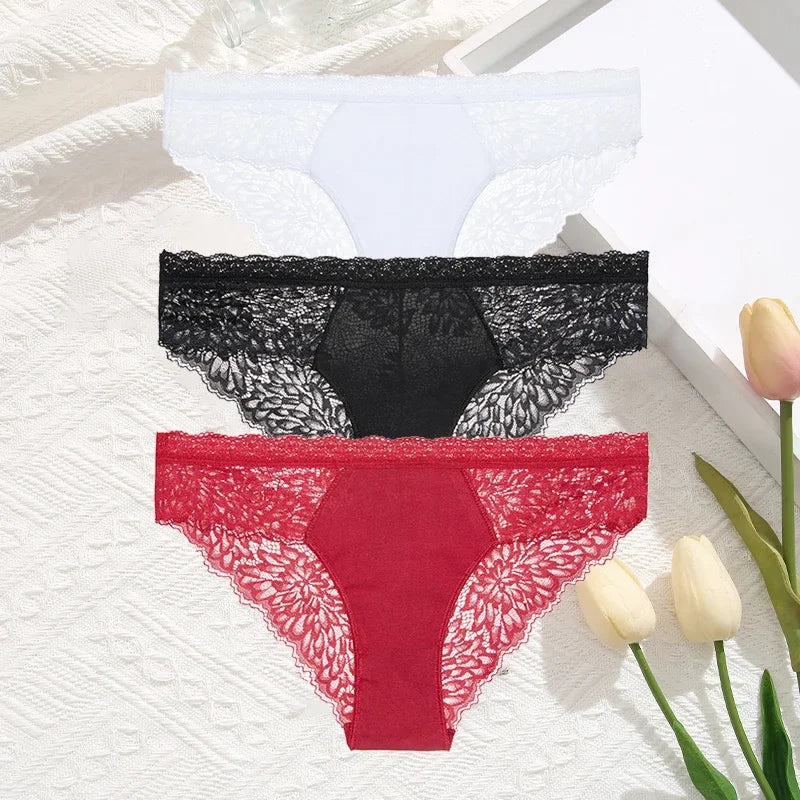 3Pcs/Set Seamless Lace Women Panties Transprant Hollow Out Low Waist Briefs Female Solid Soft Breathable Lingerie Underwear