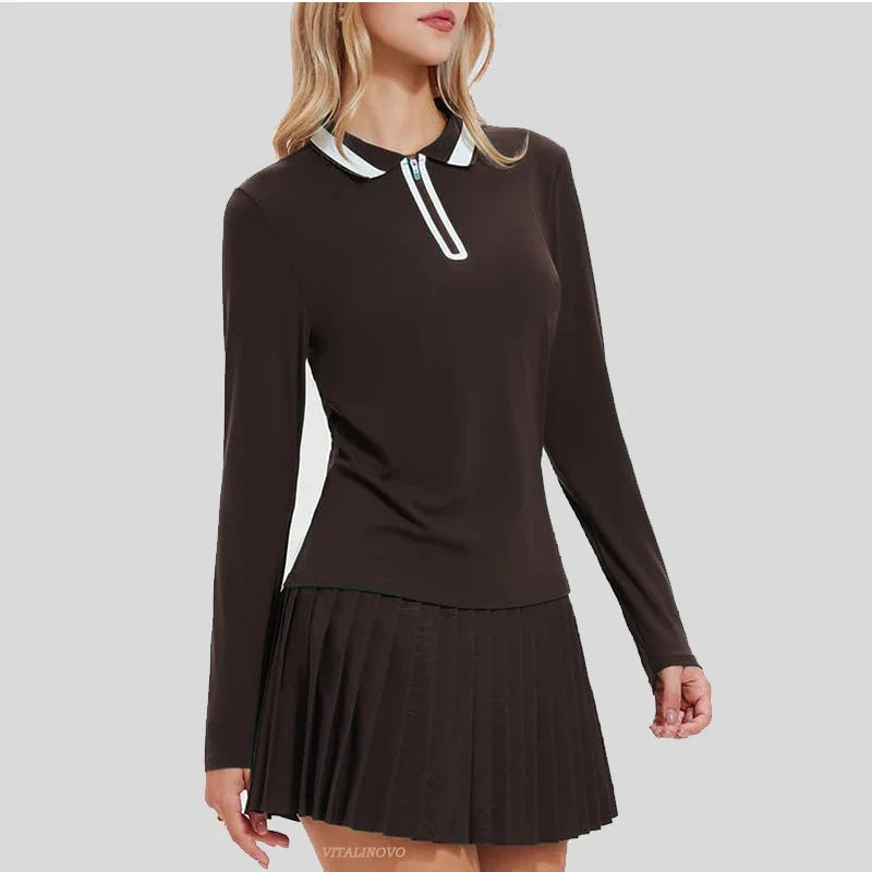 VITALINOVO Tennis Skirt Sets for Women Zipper Color Block Shirts High Waisted Golf Polo Two Piece Skirt Set Women 2 Piece Outfit