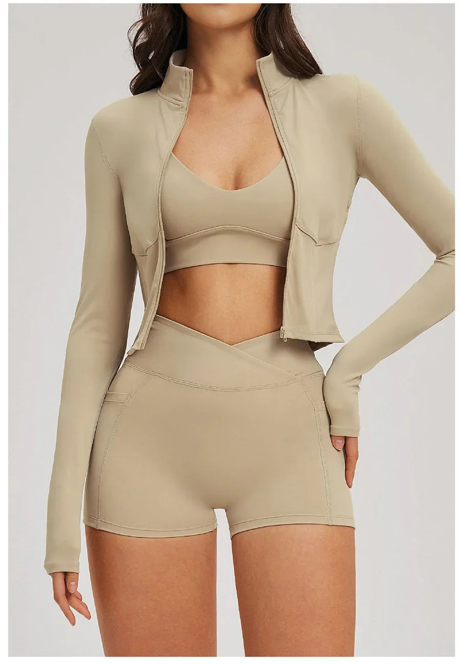 New 3 Pieces Yoga Set Women Workout Sportswear Gym Clothing Fitness Long Sleeve Crop Top Shorts Leggings Female Sport Bra Suits