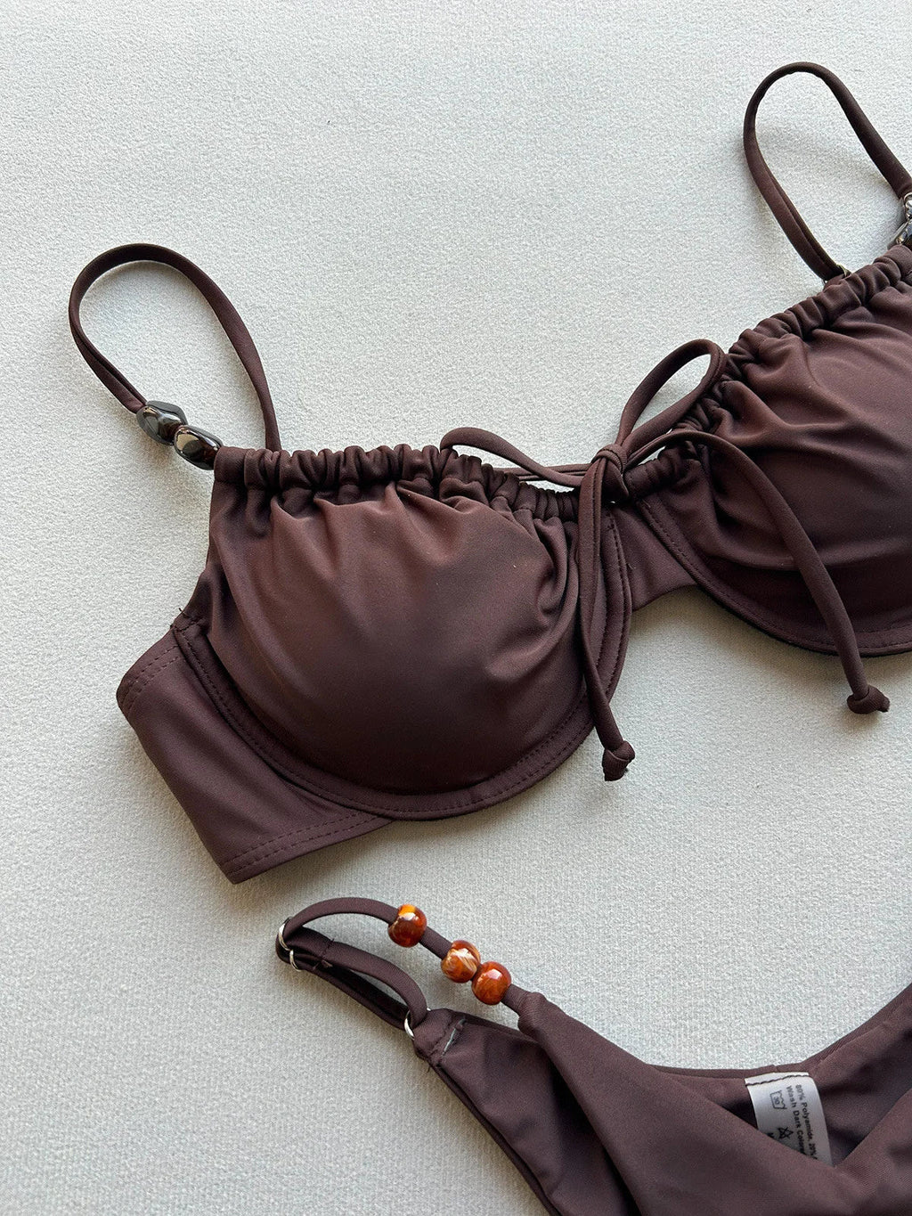 Sexy Coffee Bikini Set Women Front Tie Pleate Push Up Underwire Bra Beaded String Thong Swimsuit 2026 Bathing Suit Pool Swimwear