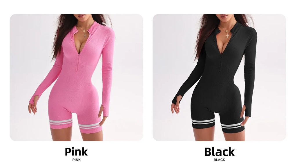 Women Sports Line Shorts Playsuits Zipper Neck One Piece Yoga Romper Pants Workout Fitness Gym Training Tights Suits