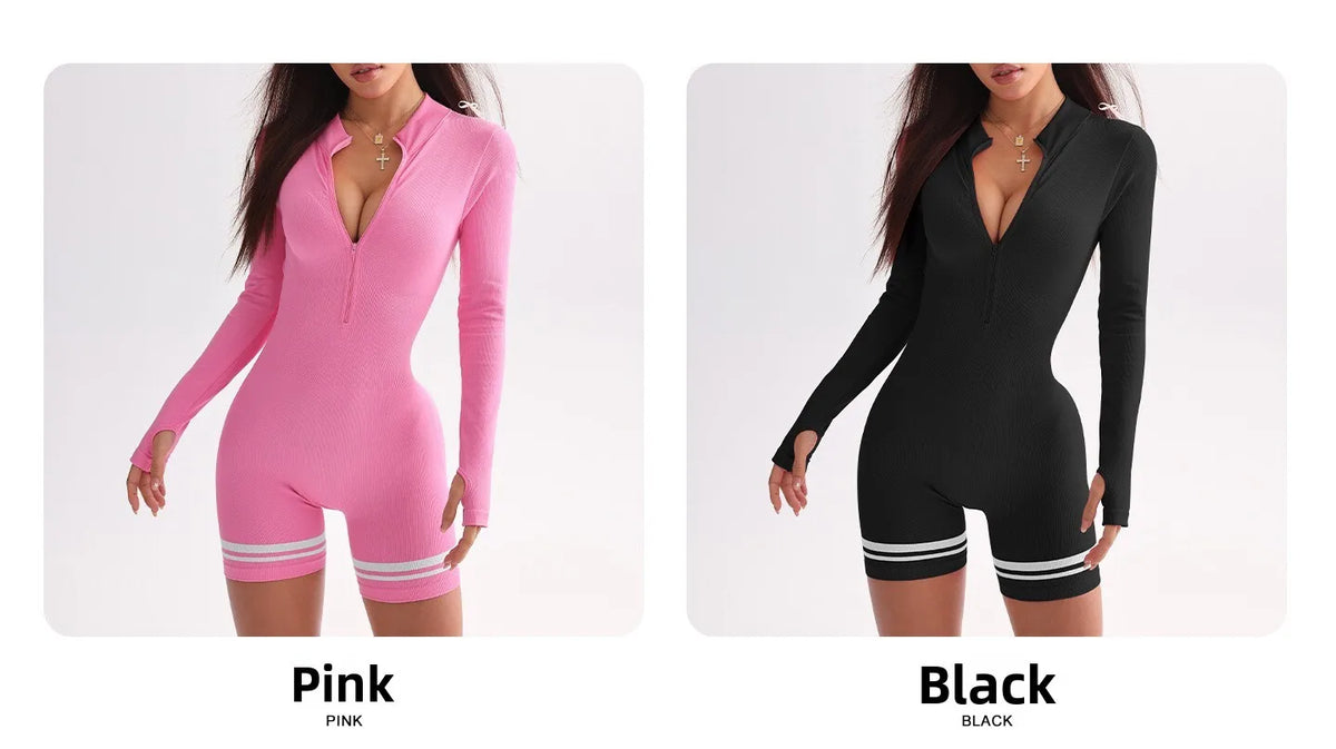 Women Sports Line Shorts Playsuits Zipper Neck One Piece Yoga Romper Pants Workout Fitness Gym Training Tights Suits