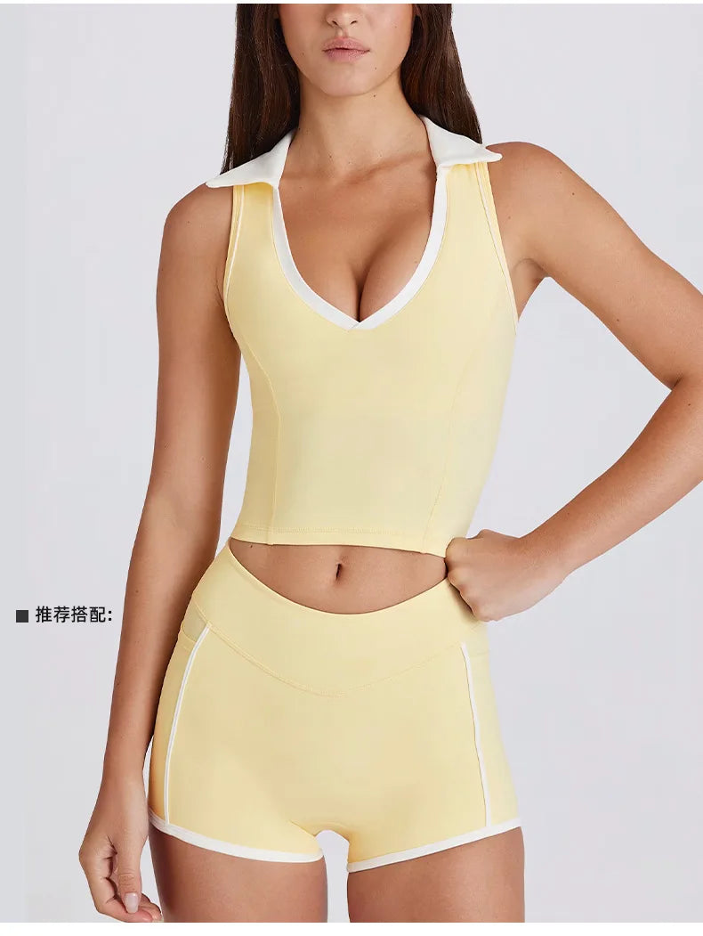 Colorblock V-Neck Tank Top with Built-In Bra Quick-Dry Breathable Sports Bra for Women Running Pilates Gym Yoga Workout