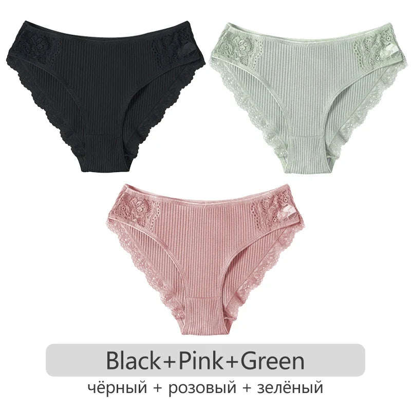 3Pcs/set Women's Cotton Panties M-2XL Trendy Patchwork Lace Underwear Female Low Waist Briefs Ladies Comfortable Underpants 2023