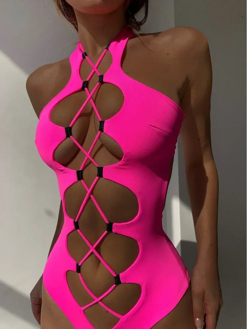 Hollow Out Swimwear Women 2025 High Neck Solid Black Cut Out Backless Monokini Bandage Bathing Suit Holiday One Piece Swimsuit