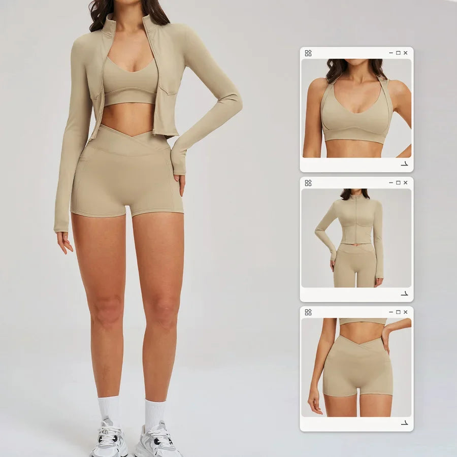 New 3 Pieces Yoga Set Women Workout Sportswear Gym Clothing Fitness Long Sleeve Crop Top Shorts Leggings Female Sport Bra Suits