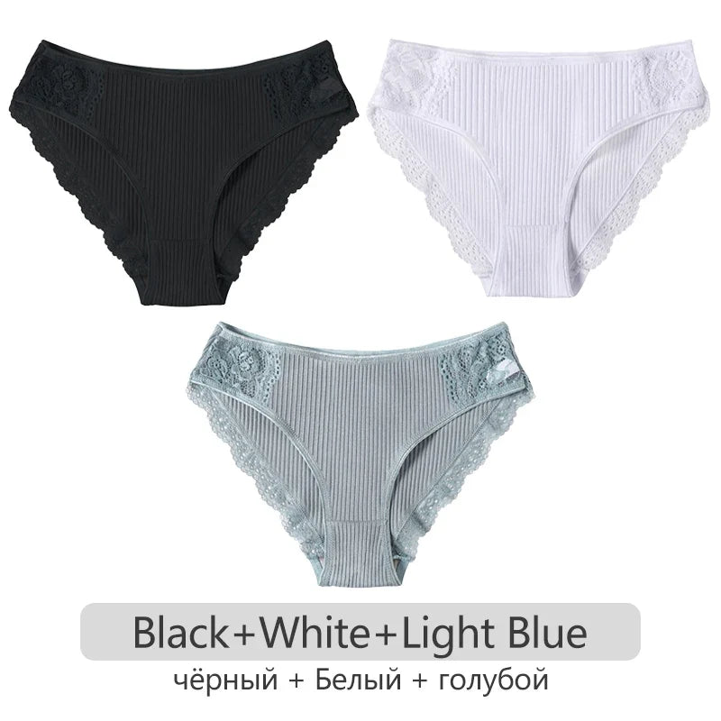 3Pcs/set Women's Cotton Panties M-2XL Trendy Patchwork Lace Underwear Female Low Waist Briefs Ladies Comfortable Underpants 2023