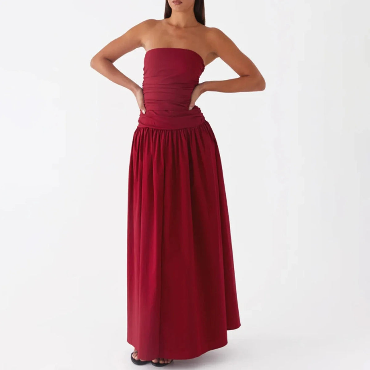 Elegant Strapless Maxi Tube Dress Women Ruched Long Sundress Boat Neck Sleeveless Strapless Flowy Dresses Party Clubwear