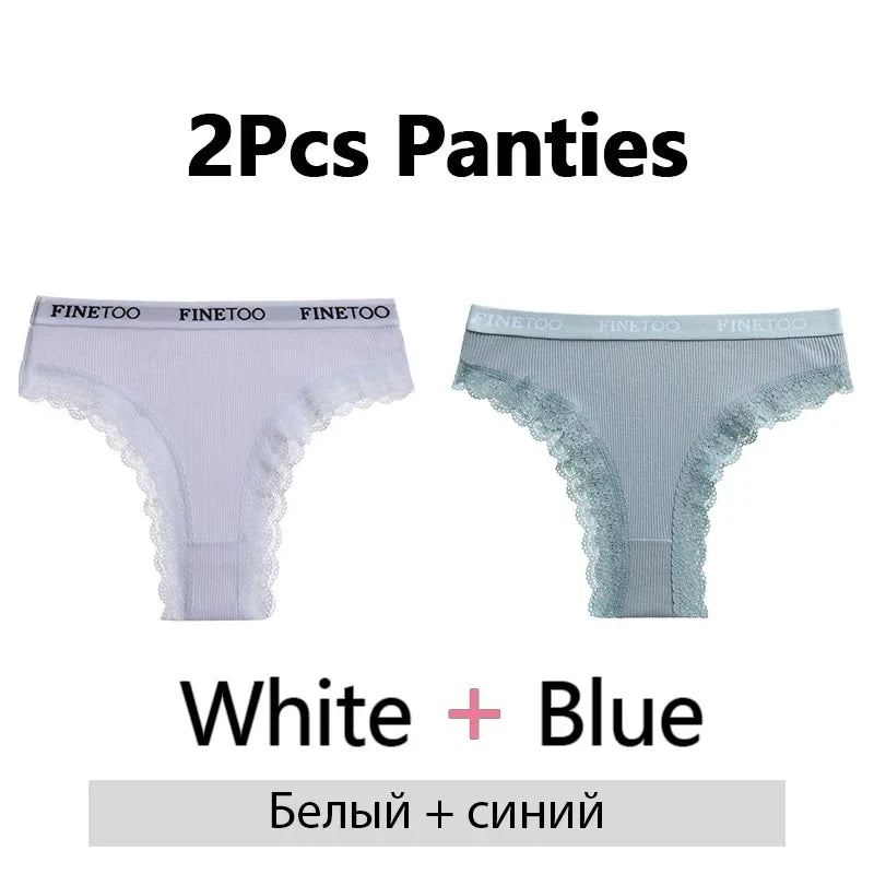 FINETOO 2Pcs/Set Women Cotton Brazilian Panties Plus Size M-2XL Lingerie Sexy Lace Underwear Low Rise Girls Intimates Underpants