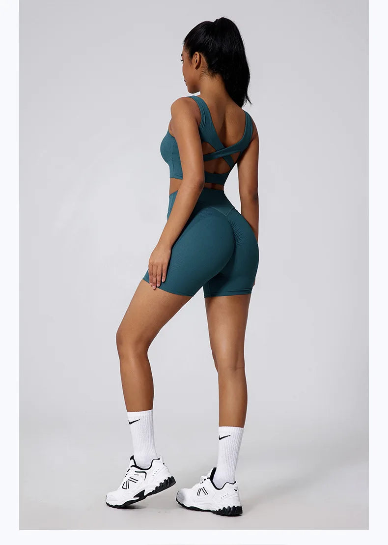 Women Yoga Suit Tracksuit Sports Bra High Waist Legging Shorts Outfit Gym Set Fitness Running Workout Clothes Push Up Sportswear