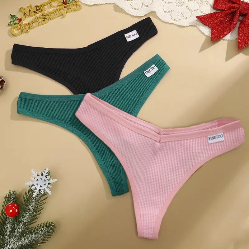 3Pcs Women Christmas Waffle Style G-string Cotton Panties Ladies Soft Thongs Female S-XL Low-Rise T-Back Panties Bikini Bikini