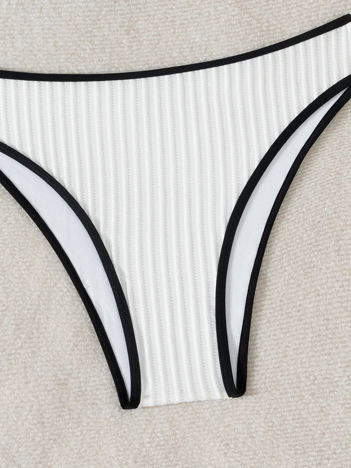 2025 Rib Piping Bandeau High-Rise Bottoms Bikini Set Trendy Beachwear Straight Neckline High Rise Swimwear Swimsuit Bathing Suit