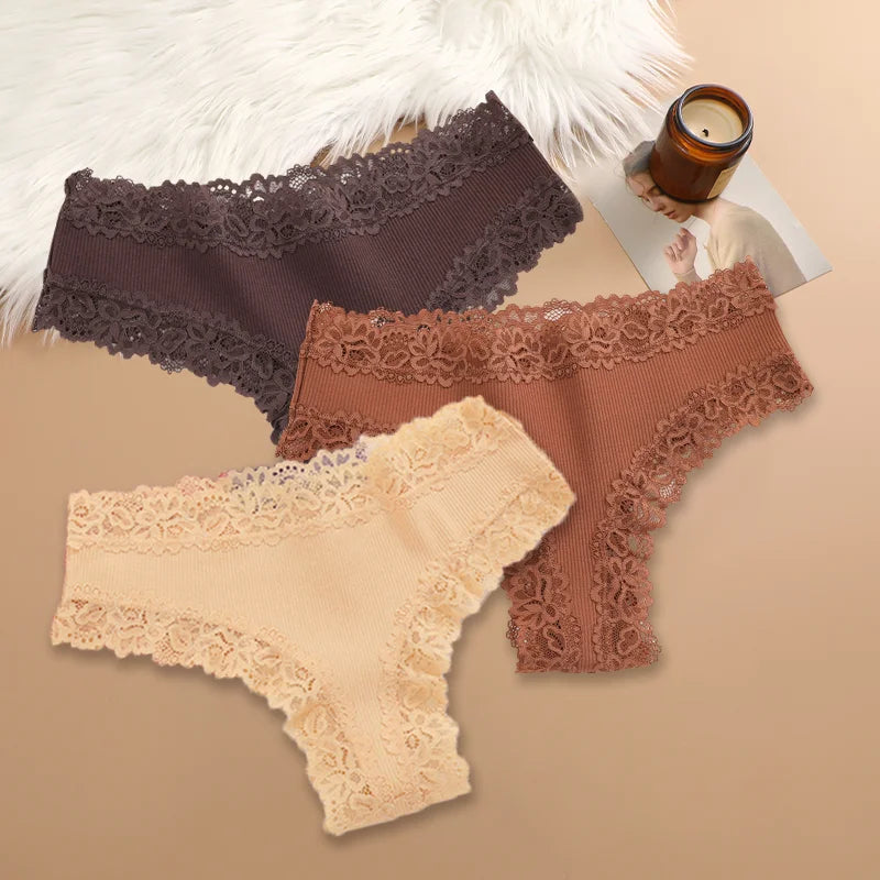 3Pcs Women Cotton Brazilian Pants Sexy Lace Brazilian Briefs Low Waist Floral Solid Color G-string Breathable Soft Lingerie