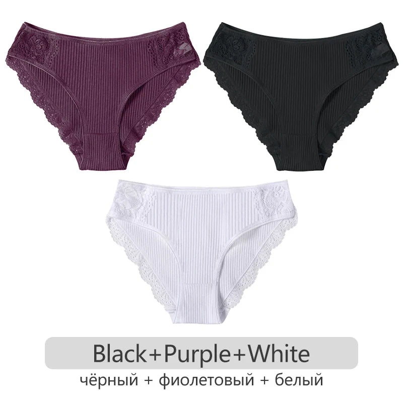 3Pcs/set Women's Cotton Panties M-2XL Trendy Patchwork Lace Underwear Female Low Waist Briefs Ladies Comfortable Underpants 2023