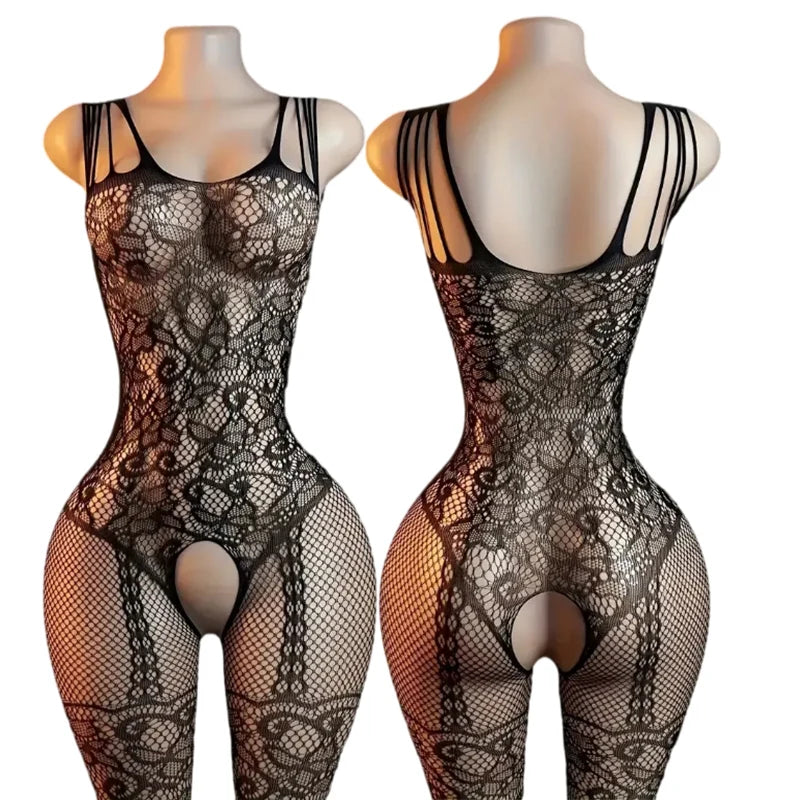Transparent Fishnet Hollow Lingerie Set Women Hanging Neck Erotic Crotchless Bodystockings Open Bras BodySuits Hot Underwear Set