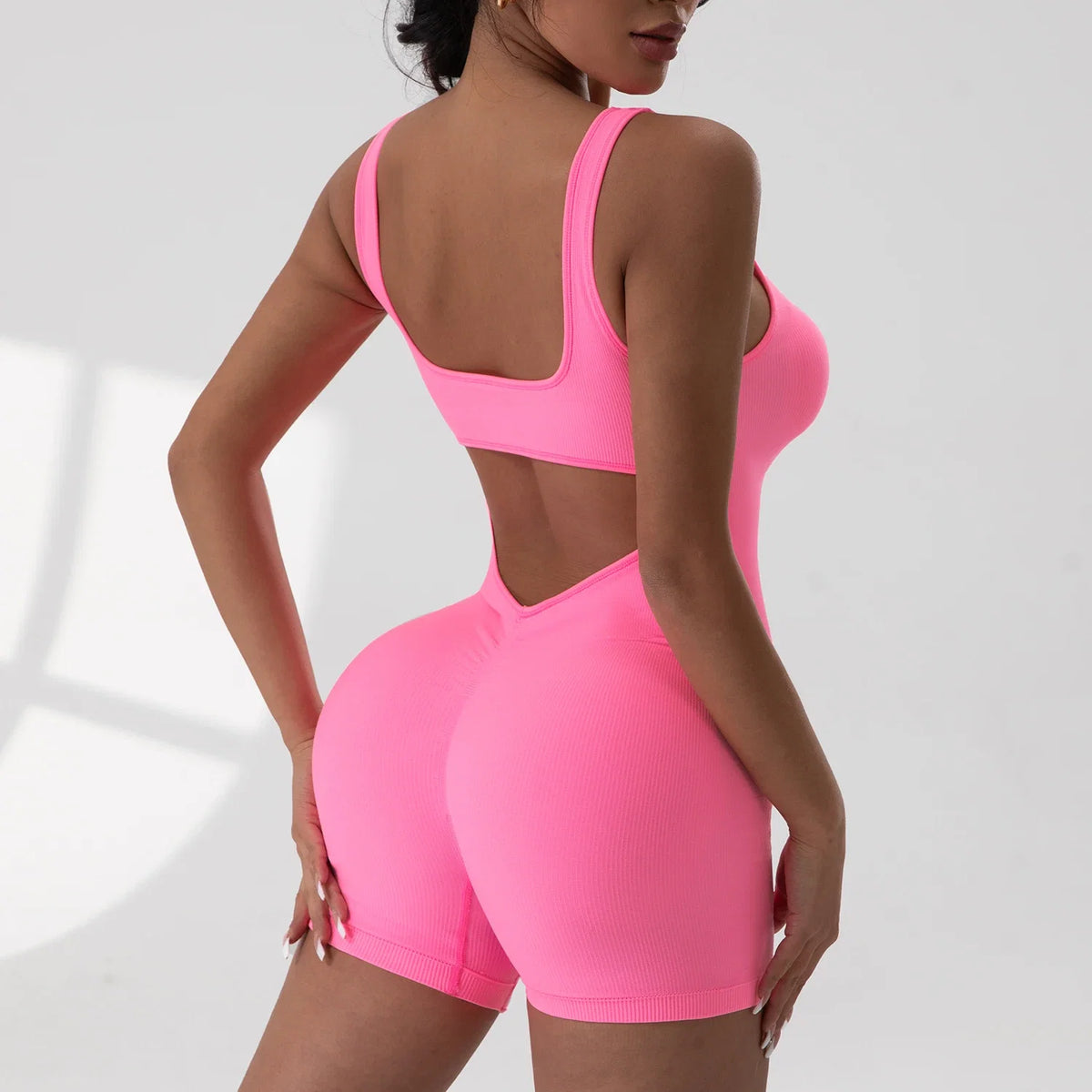 Women's Solid Colour Threaded Backless Yoga Suit U Neck Sleeveless Sports Jumpsuit Stretch Women Bodysuit Without Bust Pads