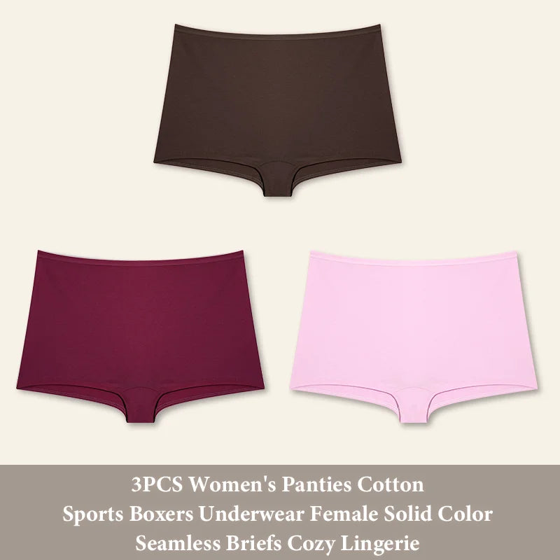 3PCS Women's  Cotton Seamless Panties Sports Boxers Underwear Female Solid Color Briefs Cozy Lingerie Intimate Underpants XS-XL