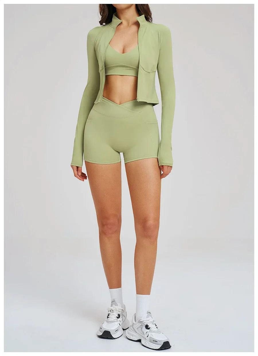 New 3 Pieces Yoga Set Women Workout Sportswear Gym Clothing Fitness Long Sleeve Crop Top Shorts Leggings Female Sport Bra Suits