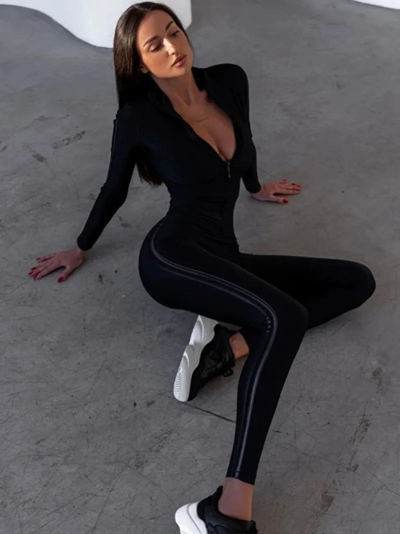 Woman's Clothes Black Jumpsuits Long Sleeve Side Patchwork Striped Zipper Collar Skinny Sporty Yoga Jumpsuit 106346